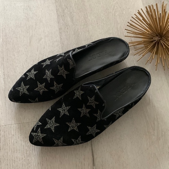 The Flexx Sisley‎ stars print Mules suede leather festive sz 8 1/2 sparkly black - Picture 2 of 12